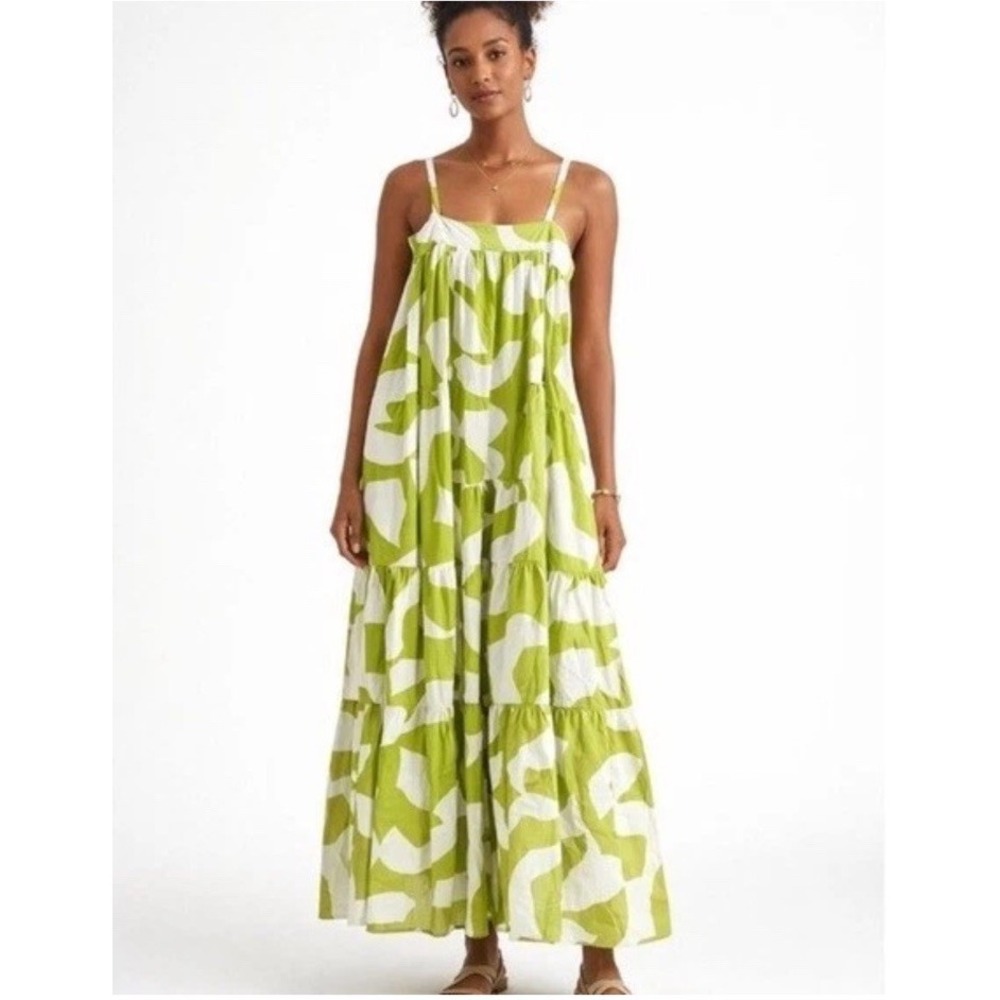 Anthropologie Abel the Label Bright Citron Maxi Dress Boho Tiered Green White XS